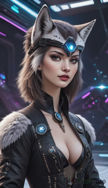 1girl,solo,breasts,looking at viewer,short hair,brown hair,animal ears,cleavage,brown eyes,jewelry,medium breasts,underwear,collarbone,jacket,upper body,white hair,multicolored hair,earrings,parted lips,open clothes,artist name,signature,medium hair,bra,mole,blurry,open jacket,lips,black jacket,grey eyes,fur trim,fox ears,eyelashes,mole under eye,makeup,blurry background,lipstick,brooch,black bra,gem,eyeshadow,zipper,fur collar,realistic,nose,unzipped,red lips,freckles,headpiece