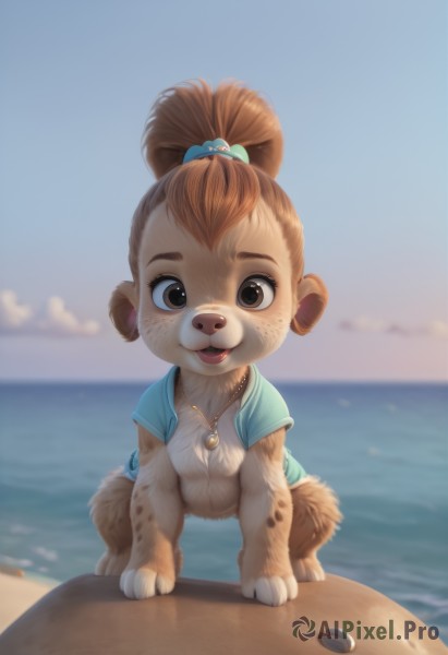 1girl,solo,looking at viewer,smile,short hair,open mouth,brown hair,shirt,hair ornament,animal ears,brown eyes,jewelry,tail,full body,ponytail,short sleeves,outdoors,open clothes,sky,teeth,day,artist name,cloud,water,necklace,blurry,flat chest,blue sky,depth of field,blurry background,ocean,animal,beach,happy,blue shirt,child,furry,freckles,animal hands,hair tie,sand,furry female,horizon,female child,body fur,shell,animal nose,topknot,snout,brown fur,seashell,buck teeth,vest,watermark,web address,realistic,blue vest,open vest,log