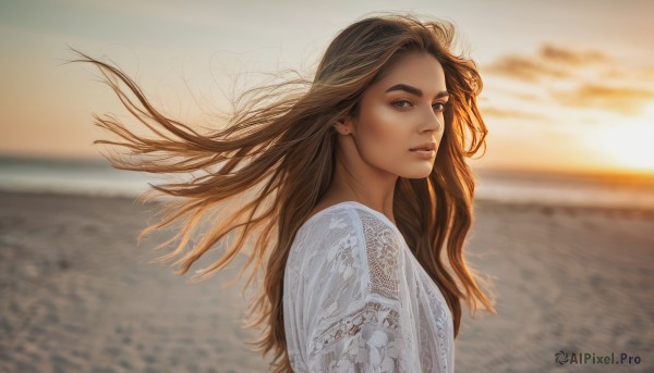 1girl,solo,long hair,looking at viewer,brown hair,shirt,brown eyes,closed mouth,white shirt,upper body,outdoors,sky,cloud,water,blurry,from side,lips,looking to the side,dutch angle,floating hair,depth of field,blurry background,ocean,beach,thick eyebrows,wind,sunset,realistic,nose,horizon,earrings,sunlight,freckles