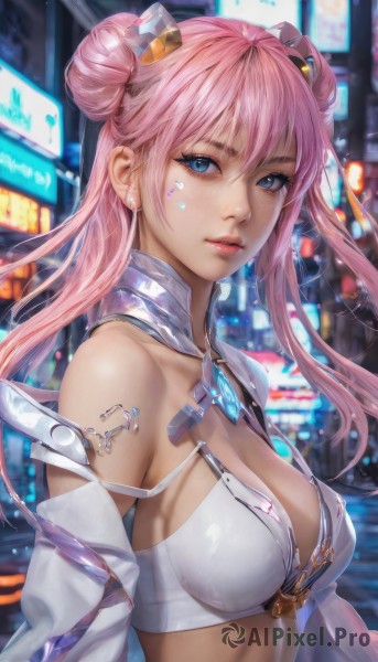 1girl,solo,long hair,breasts,looking at viewer,bangs,blue eyes,large breasts,hair ornament,cleavage,bare shoulders,twintails,jewelry,medium breasts,underwear,upper body,pink hair,earrings,parted lips,shiny,hair bun,bra,blurry,lips,double bun,tattoo,blurry background,freckles,white bra,realistic,hair between eyes,closed mouth,swimsuit,sidelocks,bikini,outdoors,artist name,eyelashes,night,facial mark,piercing,city,city lights,cyberpunk