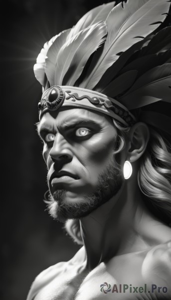 solo,looking at viewer,1boy,jewelry,closed mouth,monochrome,upper body,greyscale,male focus,earrings,muscular,headband,facial hair,feathers,muscular male,portrait,beard,mature male,mustache,feather hair ornament,manly,hair ornament,headdress,turban