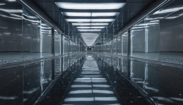 monochrome,indoors,no humans,window,building,scenery,reflection,rain,blue theme,light rays,stairs,railing,light,train station,railroad tracks,tile floor,ceiling,ceiling light