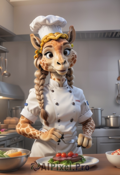 1girl,solo,long hair,breasts,looking at viewer,smile,open mouth,blonde hair,brown hair,hat,holding,animal ears,brown eyes,standing,upper body,braid,short sleeves,small breasts,parted lips,food,artist name,indoors,signature,black eyes,apron,twin braids,single braid,buttons,white headwear,table,happy,claws,furry,plate,bowl,pocket,spoon,furry female,fork,double-breasted,body fur,animal nose,holding fork,ladle,kitchen,snout,tomato,vegetable,chef hat,deer ears,chef,lettuce,salad,fruit,hair over shoulder,potato