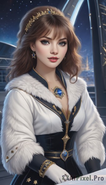 1girl,solo,long hair,breasts,looking at viewer,blue eyes,brown hair,gloves,long sleeves,dress,cleavage,jewelry,medium breasts,upper body,earrings,parted lips,sky,indoors,white gloves,necklace,star (symbol),bracelet,lips,coat,fur trim,window,makeup,night,watermark,tiara,crown,lipstick,gem,star (sky),night sky,corset,starry sky,realistic,nose,white coat,red lips,bangs,artist name,grey eyes,wavy hair,pendant,eyeshadow,star earrings