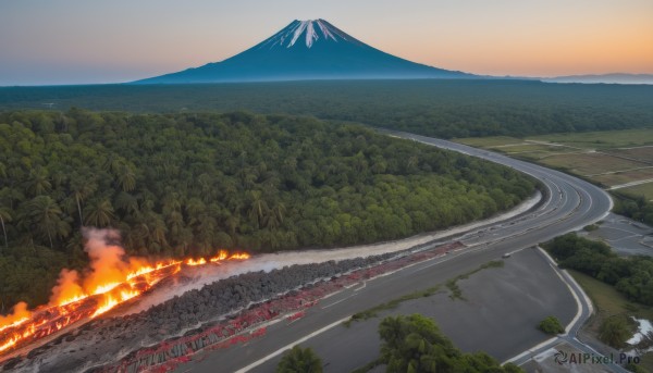 outdoors,sky,day,cloud,water,tree,no humans,fire,ground vehicle,building,nature,scenery,motor vehicle,forest,smoke,mountain,city,car,road,explosion,street,river,landscape,burning,town,real world location,mount fuji