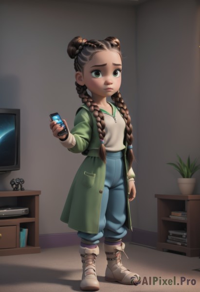 1girl,solo,long hair,brown hair,holding,twintails,closed mouth,green eyes,standing,full body,braid,boots,open clothes,pants,indoors,dark skin,hood,hair bun,twin braids,dark-skinned female,coat,book,double bun,hoodie,brown footwear,phone,cellphone,plant,denim,child,hair over shoulder,smartphone,forehead,holding phone,jeans,blue pants,female child,potted plant,television,remote control,green coat,green hoodie,looking at viewer,shirt,long sleeves,white shirt,artist name,lips,white footwear,multicolored clothes,open coat,green shirt,can,bookshelf,controller,flower pot