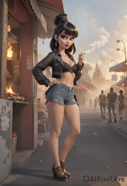 1girl,long hair,breasts,looking at viewer,smile,bangs,blue eyes,black hair,long sleeves,navel,holding,cleavage,jewelry,medium breasts,underwear,standing,collarbone,jacket,full body,ponytail,earrings,small breasts,boots,outdoors,food,multiple boys,open clothes,sky,shorts,solo focus,day,midriff,artist name,cloud,hair bun,black footwear,bra,black eyes,high heels,open jacket,lips,black jacket,hand on hip,legs,torn clothes,short shorts,bare legs,makeup,brown footwear,single hair bun,fire,denim,lipstick,black bra,building,smoke,high heel boots,cropped jacket,6+boys,denim shorts,long legs,cigarette,hoop earrings,city,sign,smoking,red lips,ankle boots,road,leather,cutoffs,street,crowd,holding cigarette,leather jacket,town,people,pavement,food stand,solo,thighs,parted lips,shoes,blunt bangs,nail polish,blue sky,shadow,watermark,web address,nose,denim jacket