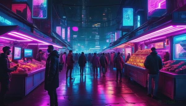 short hair,multiple girls,hat,standing,jacket,multiple boys,pants,indoors,hood,from behind,hoodie,night,scenery,reflection,science fiction,6+boys,city,crowd,shop,cyberpunk,neon lights,people,holding,outdoors,food,bag,coat,sign,tiles,dark