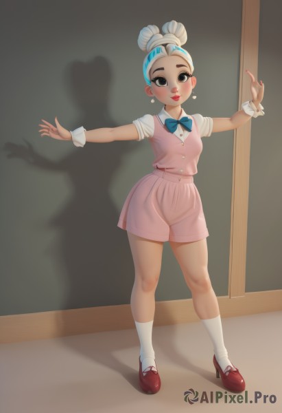 1girl,solo,breasts,looking at viewer,blush,smile,short hair,skirt,shirt,dress,bow,brown eyes,jewelry,closed mouth,standing,full body,white shirt,white hair,short sleeves,multicolored hair,earrings,small breasts,shoes,shorts,socks,collared shirt,indoors,dark skin,bowtie,hair bun,nail polish,black eyes,vest,two-tone hair,dark-skinned female,lips,fingernails,wrist cuffs,kneehighs,short shorts,makeup,buttons,shadow,blue bow,single hair bun,thick eyebrows,outstretched arms,lipstick,white socks,red footwear,pink dress,red nails,eyeshadow,pink skirt,pink lips,blue bowtie,red lips,pink shorts,pink vest,simple background,white background,blue hair,high heels