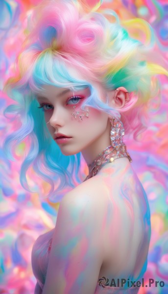 1girl,solo,breasts,looking at viewer,blush,short hair,bangs,blue eyes,dress,bare shoulders,jewelry,closed mouth,blue hair,upper body,pink hair,multicolored hair,earrings,small breasts,parted lips,looking back,artist name,necklace,blurry,from side,two-tone hair,lips,grey eyes,eyelashes,strapless,aqua hair,gradient hair,makeup,blurry background,watermark,piercing,lipstick,gem,pink dress,strapless dress,eyeshadow,pink lips,realistic,nose,red lips,colorful,mascara,rainbow hair,long hair,white hair,choker,ear piercing,web address,freckles