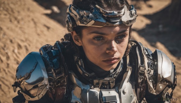 1girl,solo,short hair,brown hair,black hair,brown eyes,jewelry,closed mouth,upper body,earrings,dark skin,armor,blurry,black eyes,dark-skinned female,lips,blurry background,helmet,shoulder armor,portrait,freckles,pauldrons,realistic,nose,dirty,power armor,desert,dirty face,official alternate costume,looking to the side,goggles,goggles on head,stud earrings