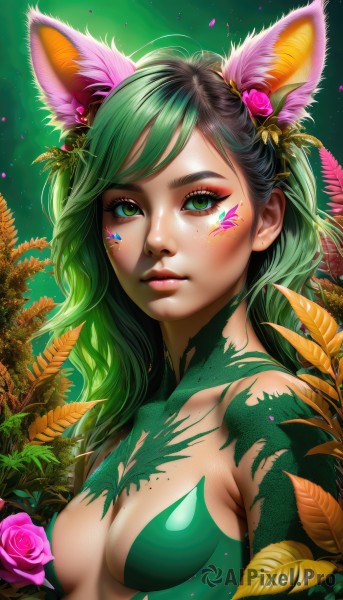 1girl,solo,long hair,breasts,looking at viewer,bangs,hair ornament,animal ears,cleavage,medium breasts,closed mouth,green eyes,upper body,flower,multicolored hair,green hair,artist name,cat ears,hair flower,mole,two-tone hair,lips,animal ear fluff,petals,fox ears,eyelashes,gradient hair,makeup,rose,leaf,watermark,facial mark,plant,lipstick,pink flower,eyeshadow,freckles,green background,mole on breast,pink lips,nose,facepaint,pink rose,bodypaint,mascara,plant girl,bare shoulders,collarbone,small breasts,gradient,feathers,breasts apart,web address,extra ears,eyeliner