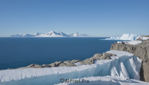 outdoors,sky,day,water,tree,blue sky,no humans,ocean,nature,scenery,snow,ice,rock,mountain,horizon,river,landscape,mountainous horizon,lake,cliff,blue theme