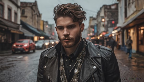 solo,looking at viewer,short hair,brown hair,shirt,1boy,brown eyes,jewelry,jacket,upper body,male focus,outdoors,solo focus,collared shirt,necklace,blurry,black jacket,black shirt,depth of field,blurry background,facial hair,ground vehicle,building,motor vehicle,beard,city,realistic,mustache,car,leather,undercut,leather jacket,photo background,closed mouth,sky,day,road,street