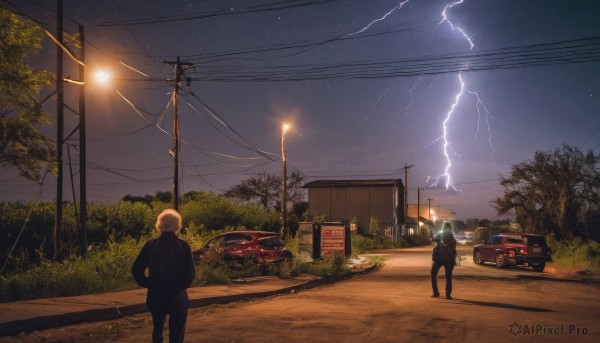 short hair,1boy,standing,jacket,male focus,outdoors,multiple boys,sky,pants,cloud,2boys,from behind,tree,black jacket,night,formal,suit,grass,ground vehicle,building,star (sky),night sky,scenery,motor vehicle,starry sky,hands in pockets,fence,electricity,car,road,bald,old,police,power lines,lamppost,old man,street,police uniform,utility pole,lightning,blonde hair,bush,house