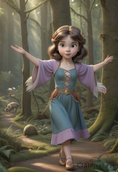 1girl,solo,long hair,looking at viewer,smile,brown hair,hair ornament,long sleeves,dress,brown eyes,standing,full body,hairband,outdoors,shoes,day,wide sleeves,tree,lips,blue dress,brown footwear,sunlight,grass,outstretched arms,bug,child,nature,forest,walking,fantasy,female child,mushroom,short hair,artist name,animal,leaf,watermark,web address,freckles,realistic,nose,spread arms,squirrel,ladybug