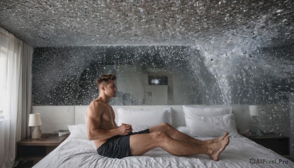 solo,short hair,brown hair,black hair,1boy,sitting,closed mouth,underwear,nipples,full body,male focus,shorts,barefoot,indoors,pillow,window,bed,muscular,night,facial hair,on bed,black shorts,abs,underwear only,pectorals,muscular male,bara,snow,large pectorals,rain,topless male,sideburns,snowing,realistic,lamp,male underwear,bedroom,undercut,chest hair,navel hair,leg hair,arm hair,boxers,black male underwear,boxer briefs