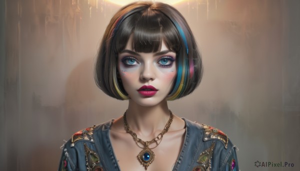 1girl,solo,looking at viewer,blush,short hair,bangs,blue eyes,blonde hair,brown hair,black hair,jewelry,blue hair,collarbone,upper body,multicolored hair,parted lips,teeth,blunt bangs,necklace,two-tone hair,lips,streaked hair,eyelashes,makeup,headphones,bob cut,lipstick,gem,portrait,pendant,eyeshadow,realistic,nose,red lips,eyeliner,mascara,artist name,mole,mole under eye,facial mark,facepaint