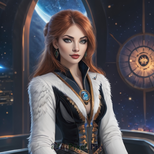 1girl,solo,long hair,breasts,looking at viewer,smile,brown hair,long sleeves,cleavage,jewelry,medium breasts,upper body,earrings,sky,belt,necklace,lips,grey eyes,fur trim,window,makeup,night,moon,lipstick,gem,star (sky),corset,eyeshadow,starry sky,red lips,space,planet,earth (planet),shirt,artist name,brooch,realistic