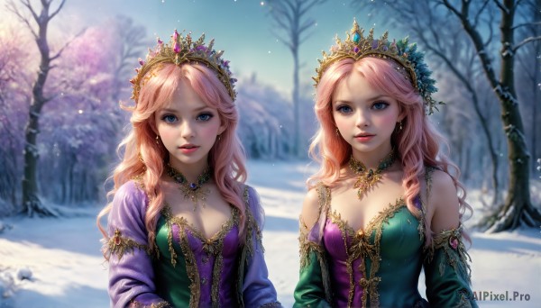 HQ,long hair,breasts,looking at viewer,smile,blue eyes,multiple girls,blonde hair,hair ornament,long sleeves,dress,2girls,cleavage,bare shoulders,jewelry,medium breasts,upper body,pink hair,earrings,small breasts,outdoors,parted lips,detached sleeves,day,necklace,blurry,tree,lips,parted bangs,makeup,depth of field,blurry background,siblings,wavy hair,tiara,crown,sisters,gem,purple dress,snow,dual persona,green dress,twins,snowing,realistic,red lips,winter,bare tree,princess,bangs,choker,lipstick,nature,pendant,forest,curly hair,pink lips