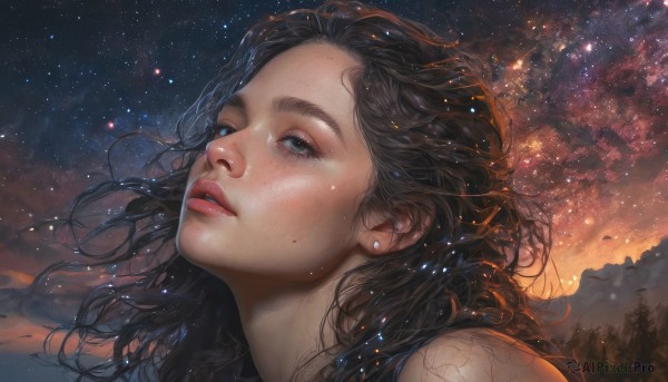 1girl,solo,long hair,blue eyes,black hair,jewelry,earrings,outdoors,parted lips,sky,cloud,mole,black eyes,tree,lips,eyelashes,mole under eye,night,portrait,star (sky),night sky,mole under mouth,starry sky,freckles,realistic,nose,mole on cheek,looking at viewer,looking up,wind,nature,forest