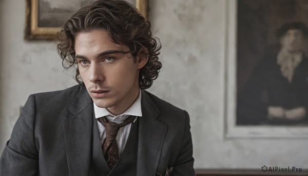 solo,looking at viewer,short hair,blue eyes,brown hair,shirt,1boy,closed mouth,jacket,white shirt,upper body,male focus,parted lips,necktie,collared shirt,indoors,blurry,vest,lips,black jacket,blurry background,facial hair,formal,suit,red necktie,curly hair,realistic,photo (object),black suit,painting (object),suit jacket,brown necktie,portrait (object),grey eyes,stubble,waistcoat