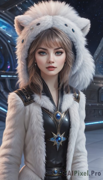 1girl,solo,long hair,breasts,looking at viewer,bangs,blue eyes,brown hair,long sleeves,dress,animal ears,jewelry,jacket,upper body,earrings,parted lips,open clothes,belt,hood,lips,coat,fur trim,makeup,lipstick,brooch,gem,star (sky),hood up,animal hood,realistic,nose,white coat,winter clothes,red lips,parka,blonde hair,teeth,eyelashes,open coat,fur coat