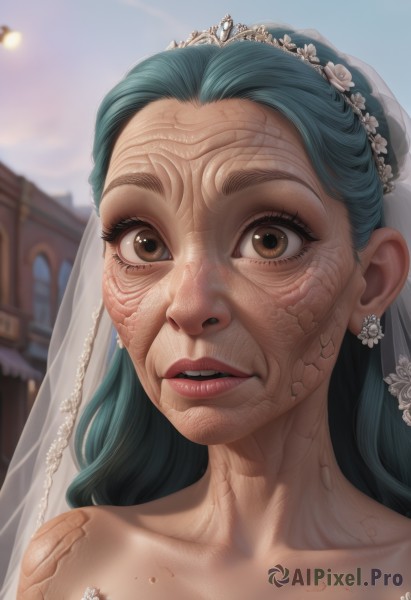 1girl,solo,long hair,looking at viewer,dress,bare shoulders,brown eyes,jewelry,blue hair,collarbone,earrings,outdoors,parted lips,green hair,sky,teeth,day,artist name,mole,blurry,lips,aqua hair,blurry background,tiara,portrait,veil,freckles,veins,wedding dress,realistic,bridal veil,bride,signature,hair bun,eyelashes,nose