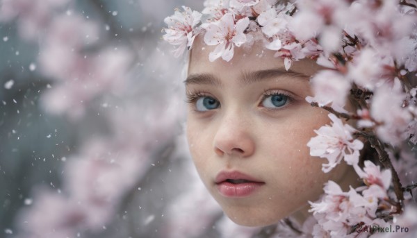 1girl, solo, blue eyes, brown hair, flower, parted lips, artist name, blurry, lips, eyelashes, depth of field, blurry background, cherry blossoms, realistic, nose, branch