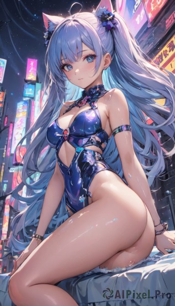 1girl,solo,long hair,breasts,looking at viewer,blush,smile,bangs,blue eyes,hair ornament,animal ears,cleavage,bare shoulders,jewelry,medium breasts,sitting,very long hair,closed mouth,blue hair,ass,flower,ahoge,sidelocks,thighs,multicolored hair,earrings,outdoors,sky,shiny,cat ears,hair flower,bracelet,leotard,two side up,animal ear fluff,shiny skin,bare arms,clothing cutout,bare legs,covered navel,night,feet out of frame,highleg,cleavage cutout,building,extra ears,armlet,highleg leotard,shiny clothes,colored inner hair,city,blue leotard,arm strap,armpit crease,dress,ribbon,hair ribbon,white hair,grey hair,sleeveless,collar,thigh strap,expressionless,kemonomimi mode