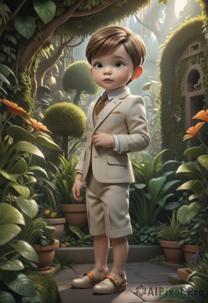 solo,looking at viewer,short hair,blue eyes,brown hair,shirt,long sleeves,1boy,standing,jacket,full body,male focus,outdoors,parted lips,necktie,shoes,shorts,collared shirt,vest,tree,buttons,leaf,formal,sunlight,suit,plant,child,nature,forest,white shorts,realistic,potted plant,male child,flower,bandaid,freckles,bandaid on face