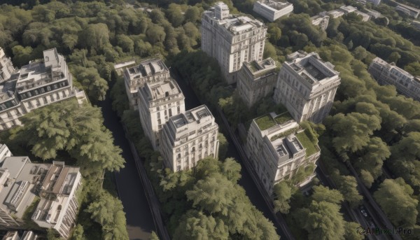 outdoors,sky,tree,dutch angle,no humans,from above,building,nature,scenery,forest,science fiction,city,cityscape,ruins,overgrown,bridge