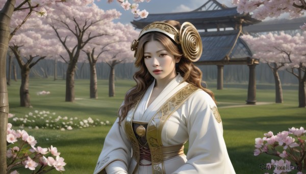 1girl,solo,long hair,breasts,looking at viewer,brown hair,hair ornament,long sleeves,brown eyes,upper body,flower,hairband,outdoors,japanese clothes,sky,day,wide sleeves,kimono,tree,lips,sash,chinese clothes,grass,cherry blossoms,architecture,east asian architecture,parted lips,cloud,scenery,curly hair,realistic