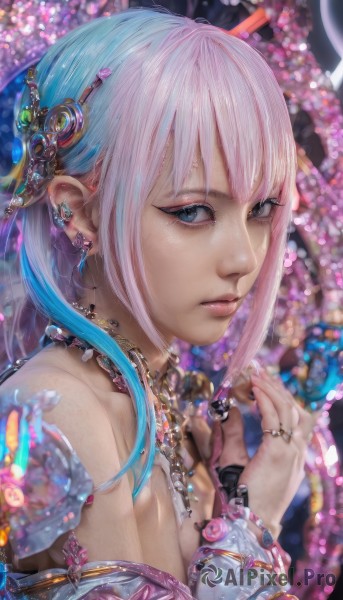 1girl,solo,long hair,breasts,looking at viewer,bangs,blue eyes,hair ornament,bare shoulders,jewelry,blue hair,upper body,pink hair,multicolored hair,earrings,necklace,nail polish,blurry,from side,two-tone hair,lips,fingernails,eyelashes,makeup,depth of field,blurry background,piercing,ring,gem,ear piercing,freckles,realistic,nose,mascara,cleavage,closed mouth,grey eyes