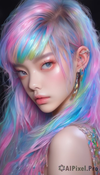 1girl,solo,long hair,looking at viewer,bangs,blue eyes,simple background,bare shoulders,jewelry,closed mouth,blue hair,upper body,pink hair,multicolored hair,earrings,shiny,necklace,from side,two-tone hair,lips,looking to the side,eyelashes,aqua hair,gradient hair,makeup,piercing,lipstick,black background,gem,ear piercing,portrait,close-up,eyeshadow,pink lips,realistic,nose,eyeliner,mascara,rainbow hair,artist name,watermark