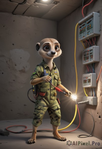 solo,smile,1boy,brown eyes,standing,full body,weapon,male focus,barefoot,uniform,military,military uniform,furry,science fiction,cable,furry male,camouflage,mouse,whiskers,wire,flashlight,looking at viewer,animal ears,teeth,light bulb,camouflage pants