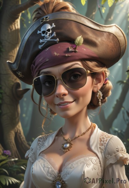 1girl,solo,breasts,looking at viewer,smile,short hair,brown hair,shirt,hair ornament,hat,dress,cleavage,brown eyes,jewelry,medium breasts,collarbone,white shirt,upper body,braid,earrings,outdoors,parted lips,glasses,teeth,day,artist name,signature,necklace,hair bun,grin,blurry,tree,lips,eyelashes,makeup,blurry background,leaf,sunlight,single hair bun,sunglasses,lipstick,brooch,gem,nature,forest,black-framed eyewear,realistic,nose,round eyewear,hat feather,dappled sunlight,pirate hat,mascara,pirate,skull and crossbones,brown-framed eyewear,aviator sunglasses,blonde hair,large breasts,white dress,freckles,pearl necklace