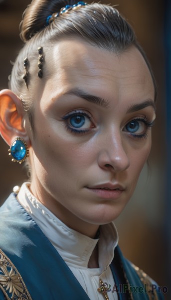 1girl,solo,looking at viewer,blue eyes,shirt,hair ornament,jewelry,white shirt,earrings,parted lips,necklace,hair bun,mole,blurry,lips,eyelashes,mole under eye,blurry background,single hair bun,gem,portrait,freckles,realistic,nose,old,hair pulled back,old woman,black hair,blue gemstone