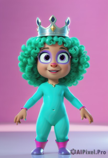 1girl,solo,looking at viewer,smile,short hair,simple background,navel,jewelry,standing,purple eyes,full body,boots,green hair,teeth,dark skin,necklace,nail polish,flat chest,bracelet,loli,bodysuit,makeup,pink background,crown,lipstick,eyeshadow,purple background,curly hair,open mouth,green eyes,artist name,dark-skinned female,lips,eyelashes,covered navel,watermark,gem,skin tight,pink footwear,green bodysuit