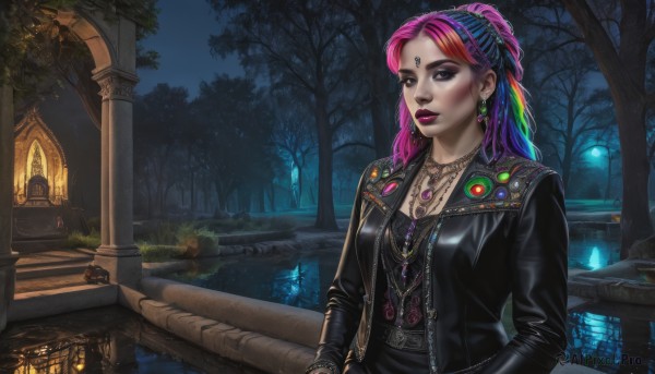 1girl,solo,long hair,breasts,looking at viewer,shirt,long sleeves,cleavage,jewelry,medium breasts,closed mouth,jacket,upper body,ponytail,pink hair,purple hair,red hair,multicolored hair,earrings,outdoors,parted lips,open clothes,sky,signature,water,necklace,two-tone hair,open jacket,tree,lips,black jacket,grey eyes,black shirt,eyelashes,gradient hair,makeup,night,facial mark,lipstick,building,gem,nature,night sky,scenery,pendant,eyeshadow,forest,zipper,reflection,nose,fence,railing,red lips,eyeliner,leather,bridge,badge,river,purple lips,leather jacket,mascara,blue hair,purple eyes,braid,artist name,watermark,piercing,bug,ear piercing,star (sky),web address,freckles,forehead mark,realistic,nose piercing