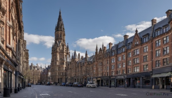 outdoors,sky,day,cloud,tree,blue sky,no humans,window,cloudy sky,ground vehicle,building,scenery,motor vehicle,city,car,road,cityscape,lamppost,street,crosswalk,real world location,signature,clock,architecture,tower,church,people,pavement,clock tower,vanishing point,sidewalk