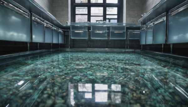 outdoors,sky,cloud,indoors,water,blurry,no humans,window,depth of field,building,scenery,reflection,train station,railroad tracks,chair,desk,rain,tiles,tile floor,ceiling,ceiling light