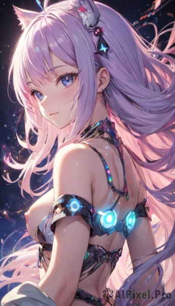 1girl,solo,long hair,breasts,looking at viewer,blush,bangs,blue eyes,hair ornament,animal ears,bare shoulders,medium breasts,very long hair,closed mouth,nipples,upper body,pink hair,purple hair,ahoge,sidelocks,parted lips,looking back,cat ears,from behind,from side,animal ear fluff,floating hair,back,breasts out,revealing clothes,extra ears,armlet,arm strap,smile,glowing,light particles,shoulder blades,armpit crease,harness