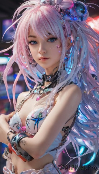 1girl,solo,long hair,breasts,looking at viewer,bangs,blue eyes,hair ornament,navel,cleavage,bare shoulders,jewelry,medium breasts,closed mouth,upper body,pink hair,multicolored hair,earrings,small breasts,midriff,necklace,blurry,bracelet,lips,eyelashes,tattoo,makeup,blurry background,crossed arms,gem,nose,swimsuit,ponytail,sidelocks,bikini,belt,artist name,nail polish,collar,crop top,fingernails,depth of field,chain,facial mark,ring,bikini top only,realistic