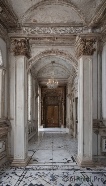 indoors,no humans,window,scenery,stairs,door,tiles,candle,architecture,tile floor,pillar,statue,floor,ceiling,hallway,church,arch,chandelier,column,stone floor,vanishing point,wall,candlestand