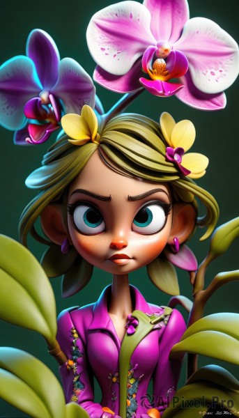 1girl,solo,breasts,looking at viewer,short hair,blue eyes,blonde hair,simple background,shirt,hair ornament,long sleeves,jewelry,closed mouth,green eyes,upper body,flower,earrings,small breasts,artist name,signature,hair flower,lips,eyelashes,makeup,leaf,watermark,plant,lipstick,web address,pink flower,freckles,green background,pink shirt,purple shirt,sanpaku