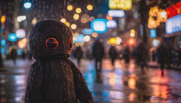 solo, outdoors, blurry, no humans, night, depth of field, blurry background, glowing, rain, road, city lights, neon lights