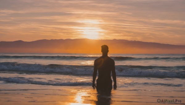 solo,1boy,standing,male focus,outdoors,sky,cloud,water,from behind,ocean,beach,sunlight,scenery,wading,sunset,mountain,sand,sun,horizon,silhouette,shore,short hair,cloudy sky,reflection,facing away,waves,orange sky