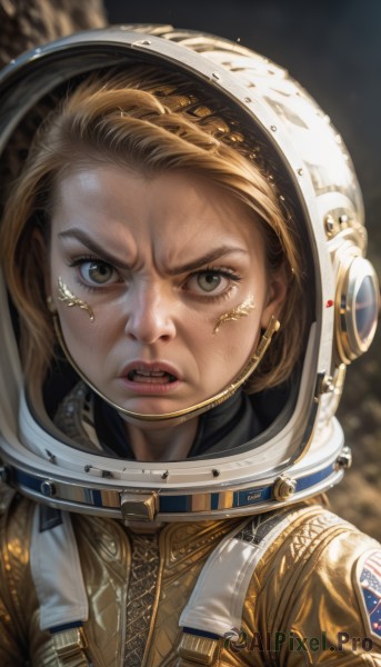 1girl,solo,looking at viewer,short hair,open mouth,blonde hair,brown hair,brown eyes,upper body,parted lips,teeth,signature,blurry,lips,eyelashes,blurry background,helmet,portrait,angry,freckles,reflection,realistic,nose,spacesuit,space helmet,astronaut,jewelry,earrings,v-shaped eyebrows,forehead,science fiction,serious,space,dirty,scowl