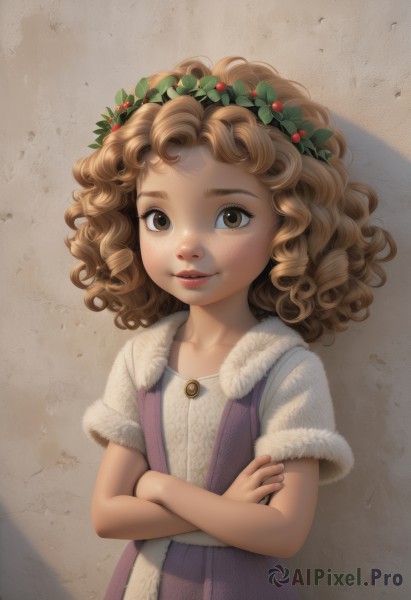 1girl,solo,looking at viewer,smile,short hair,brown hair,shirt,hair ornament,dress,brown eyes,jewelry,collarbone,upper body,short sleeves,parted lips,necklace,lips,fur trim,shadow,wavy hair,crossed arms,child,purple dress,freckles,brown background,curly hair,female child,head wreath,fur-trimmed dress,vest,leaf,holly